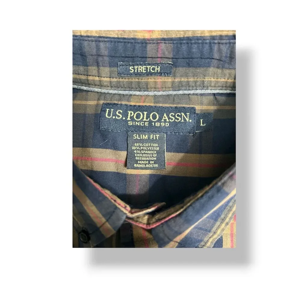 U.S. Polo Assn.‎ Men’s L Navy Yellow Plaid Stretch Button-Up Shirt Casual Preppy